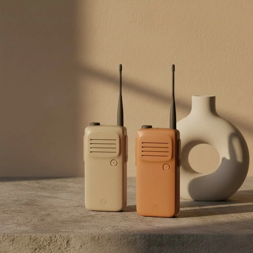 Person holding a handheld walkie talkie outdoors