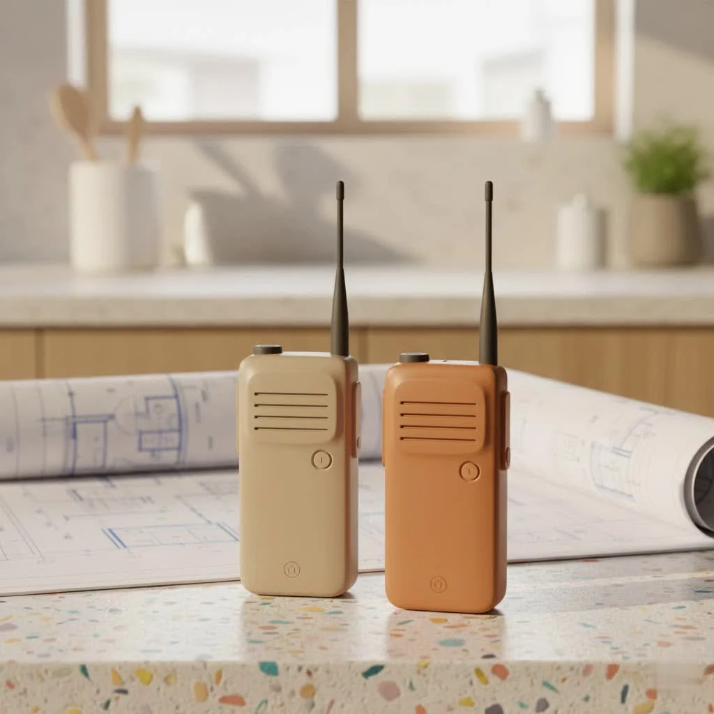 Two people using long range walkie talkies in a mountainous outdoor setting