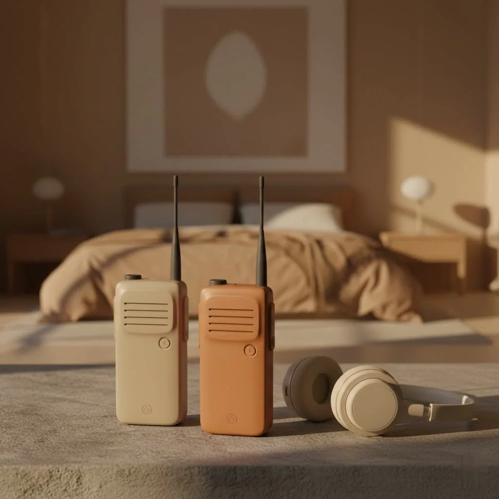Two real walkie talkies on a wooden surface