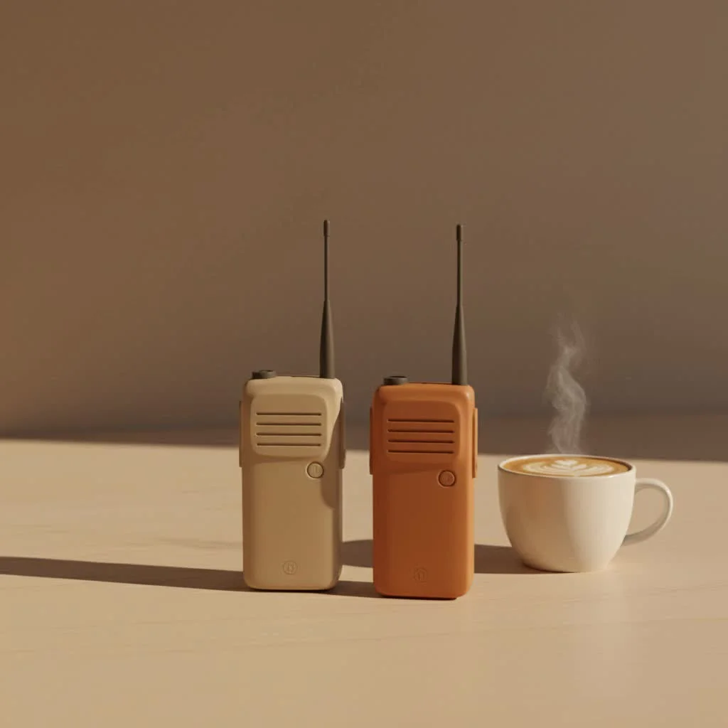 Walkie talkie user communicating in a vast, open landscape