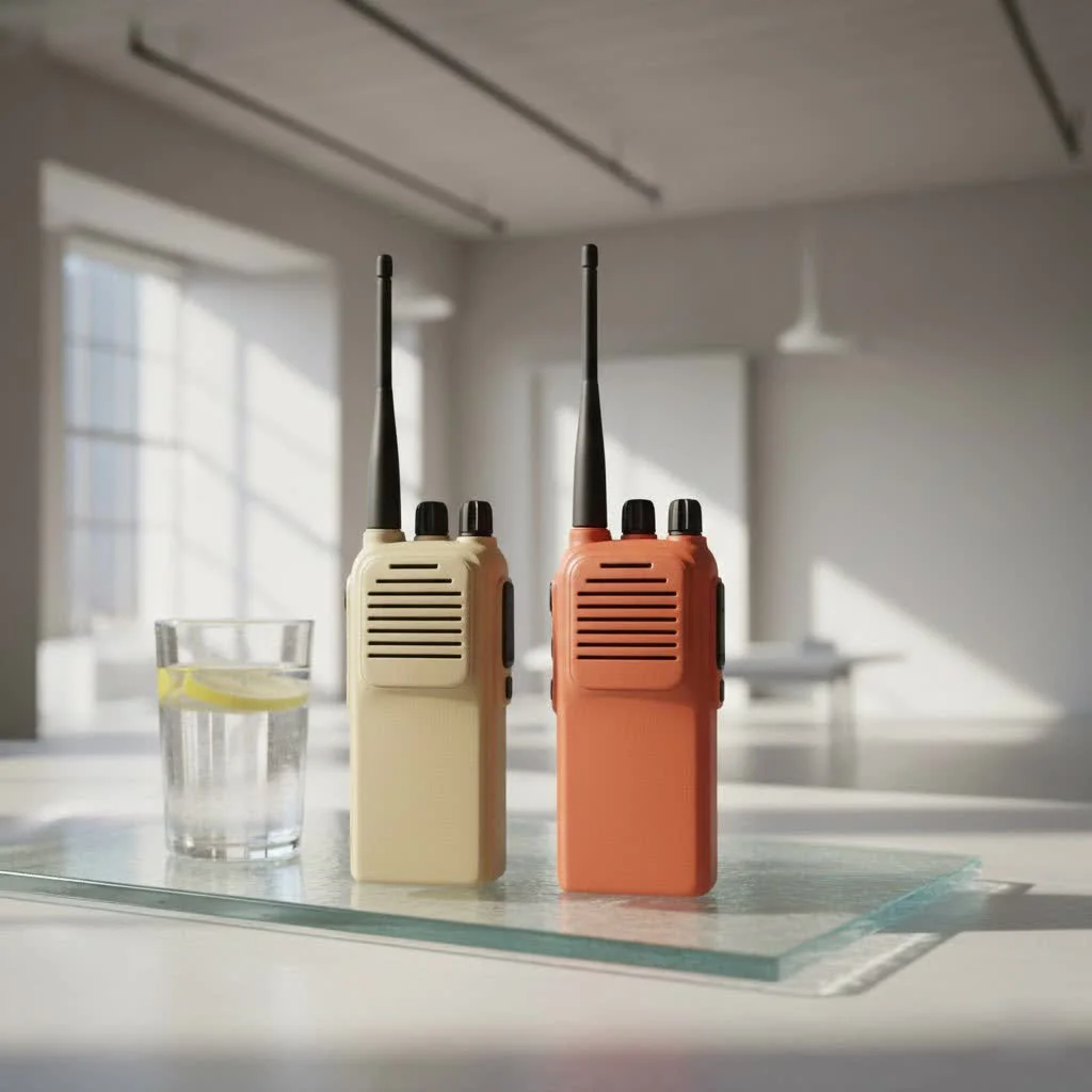 Two people using walkie talkies in an outdoor setting