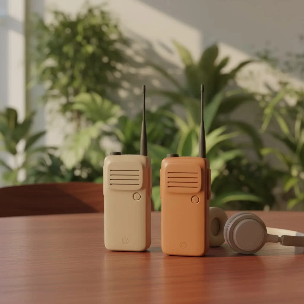 Adults using walkie talkies for communication
