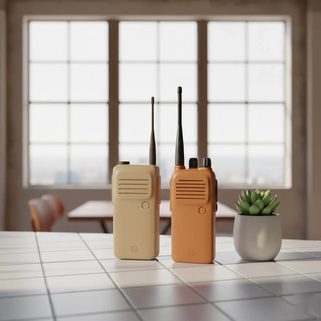 Two walkie talkies on a wooden surface