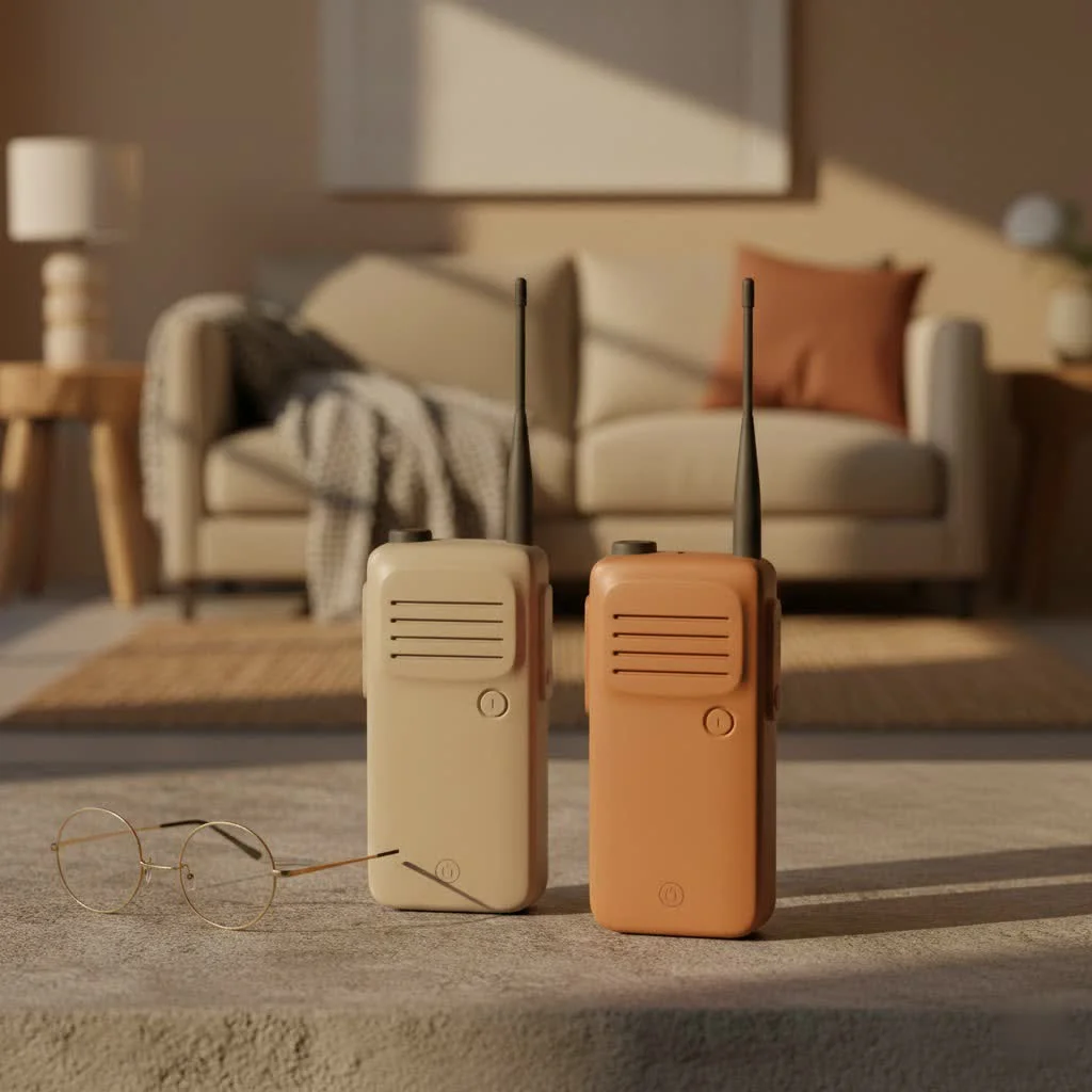 Audiovox walkie talkie on a wooden surface