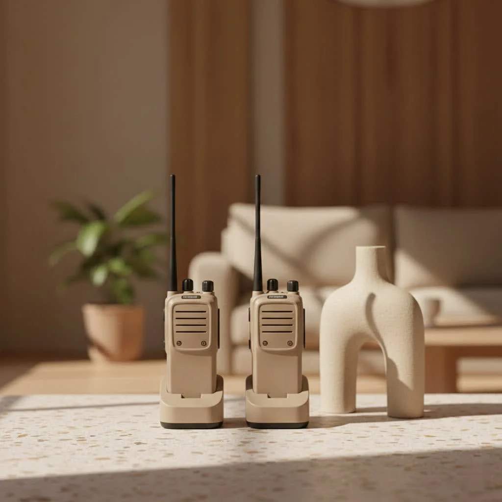 Two people using walkie talkies outdoors