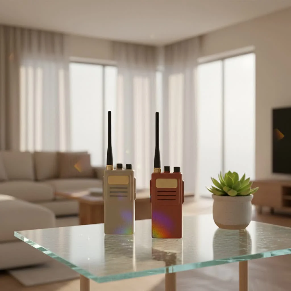 Three different walkie talkie models displayed on a table