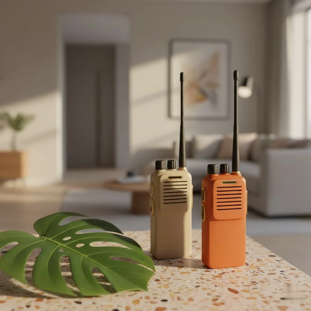Adults using walkie talkies for outdoor communication