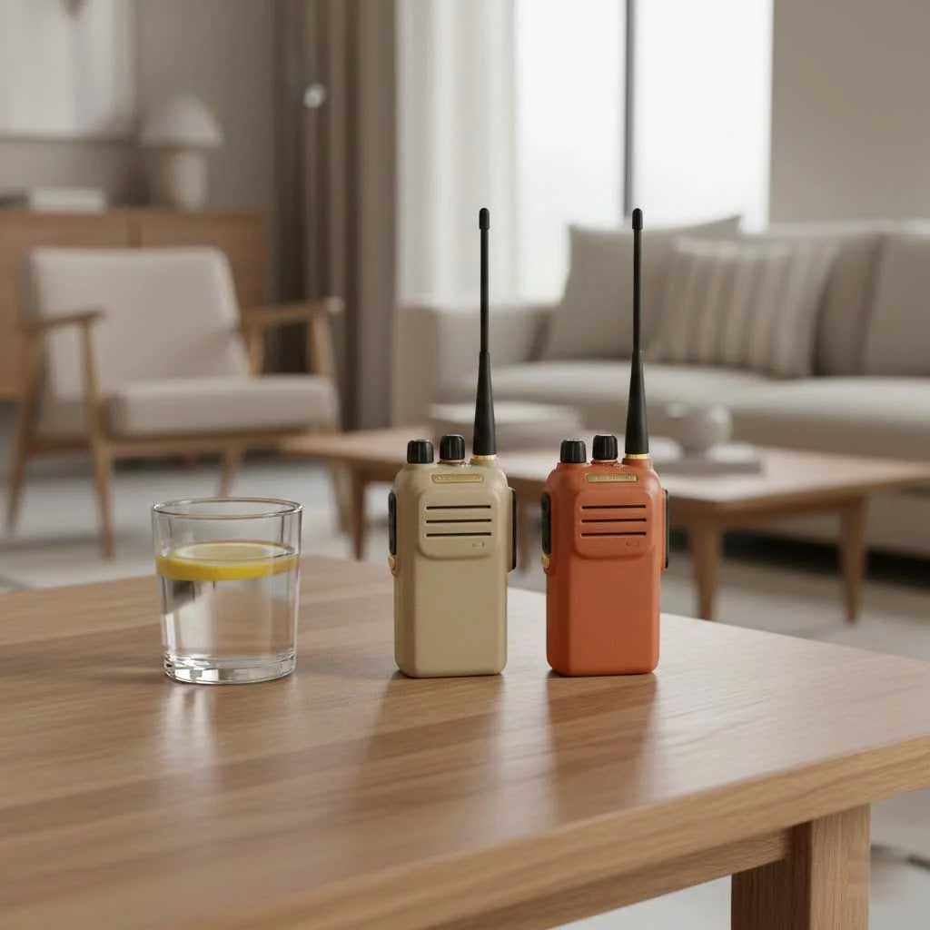 Rugged jobsite walkie talkie with construction background