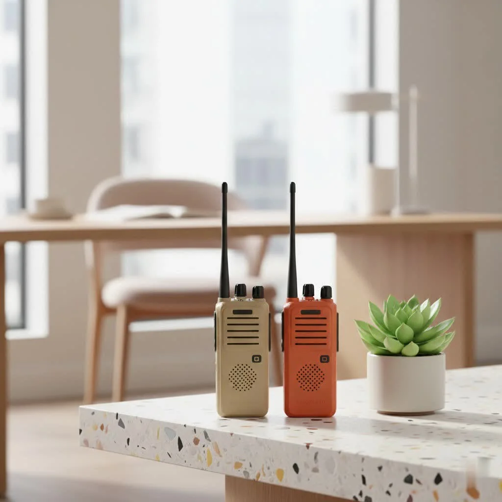 Person holding a walkie talkie outdoors
