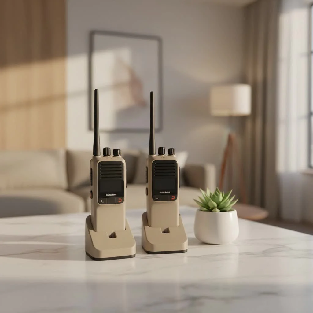 Camo walkie talkies blending into a forest environment